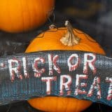 two orange pumpkins with 'trick or treat' across the front